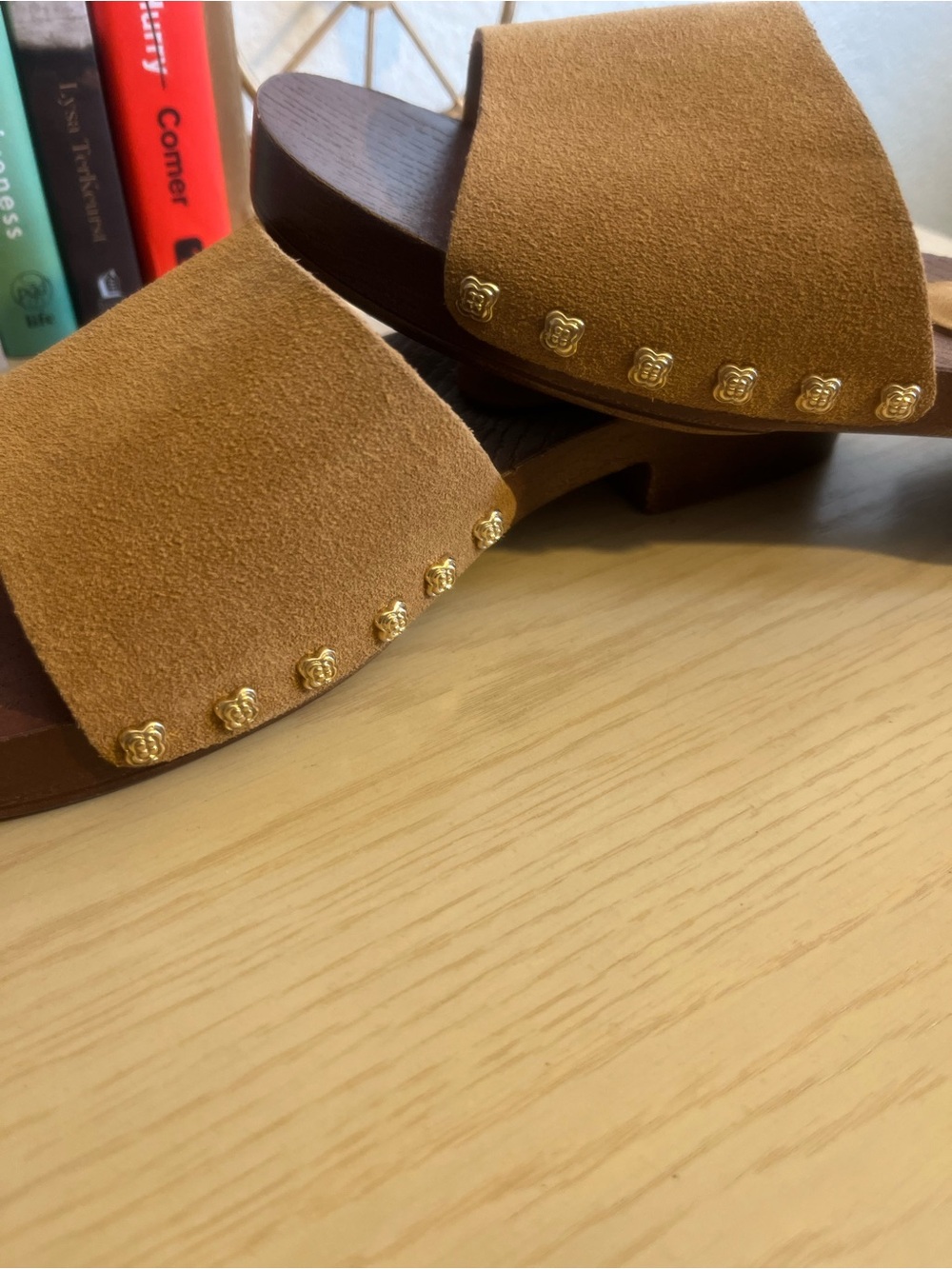 Splendid Tan Suede Slide Mules with Gold Stud Accents - Picture 7 of 8